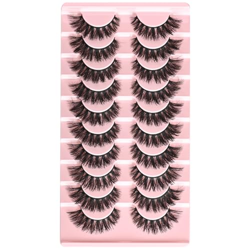 FARRED False Lashes Wispy Natural Strip Eyelashes 14mm Cat Eye Mink Lash Strips Full Volume Fake Cateye Eyelash Pack Natural Look 10 Pairs Short Thick Fluffy Pesta?as Postizas for Women