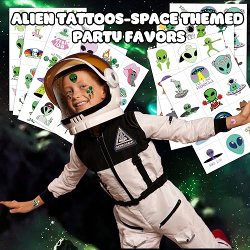 96PCS Alien Pre-Cut Temporary Tattoos for Kids ? Space Theme Birthday Party Favors Supplies, UFO Outer Space Decorations, Galaxy Stickers for Boys Girls Toddlers Halloween Christmas (Normal)