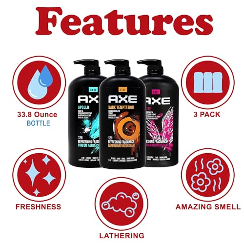 Axe Men's Body Wash Variety Set, Set of 3 Scents, Axe Dark Temptation, Apollo and Excite Body Wash, 3in1 Body and Face Wash in Pump Bottle, 33.8 Ounce Each
