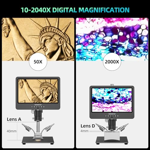 Andonstar AD249S-M Plus 10.1'' HDMI Soldering Digital Microscope for Electronics Repair, 2000x 3 Lens 2160P UHD Video Record, Soldering Microscope Station with Helping Hands, Slides, 32GB Card