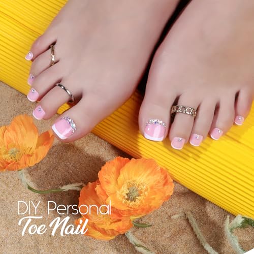Teenitor Pink French Toe Nails Press On Set with White Borders, 120pcs Short Square Fake Toenails for Women