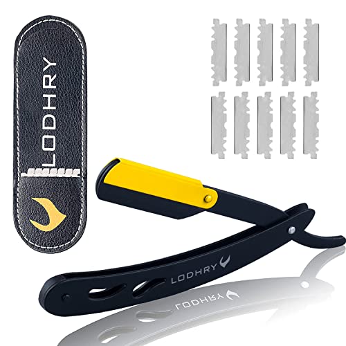 Professional Straight Edge Shaving Razor Barber Razors For Men + Single Blades, Men's Manual Shaver Salon Quality Cut Throat Shavette Navajas Para Barbero Matte Black, 11Pcs (Gold Plated Clip)