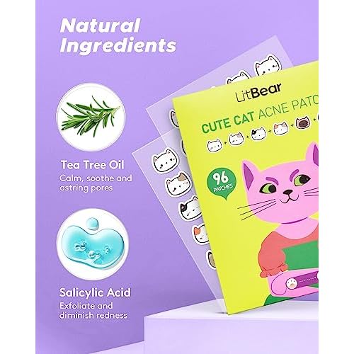LitBear Acne Patch Pimple Patch, Cat Shaped Acne Absorbing Cover Patch, Hydrocolloid Acne Patches For Face Zit Patch Acne Dots, Tea Tree Oil & Salicylic Acid, 96 Patches, 12mm