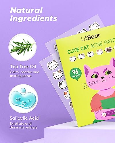 LitBear Acne Patch Pimple Patch, Cat Shaped Acne Absorbing Cover Patch, Hydrocolloid Acne Patches For Face Zit Patch Acne Dots, Tea Tree Oil & Salicylic Acid, 96 Patches, 12mm