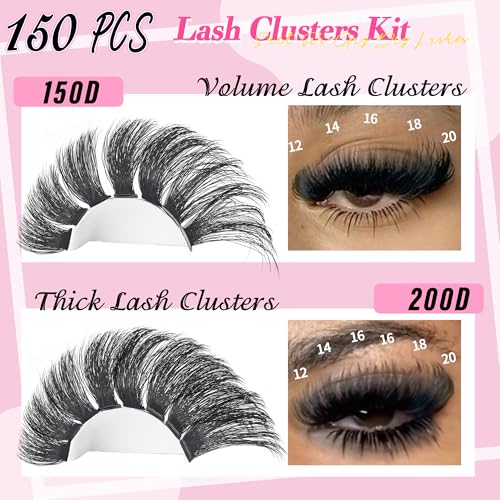 Lash Clusters Kit 150D+200D Eyelash Extensions 12-20mm with Bond & Seal