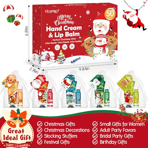 VESPRO 50 Pack Christmas Hand Cream and Lip Balm Gift Set, Bulk Christmas Gifts with Christmas Cards and Organza Bag, Christmas Decorations, Party Favors and Stocking Stuffers for Women