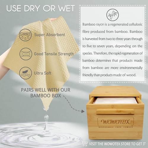 Bamboo Rayon Disposable Face Towel Biodegradable Large Dry Face Wipes 60 Count/1 Box Extra Thick Soft Clean Facial Towels for Sensitive Skin, Makeup Removing, Facial Cleansing, Nursing, Travel