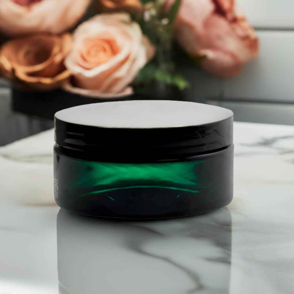 JUVITUS (12 Pack) 8 oz Green PET Plastic Low Profile Jar with Black Smooth Lid
