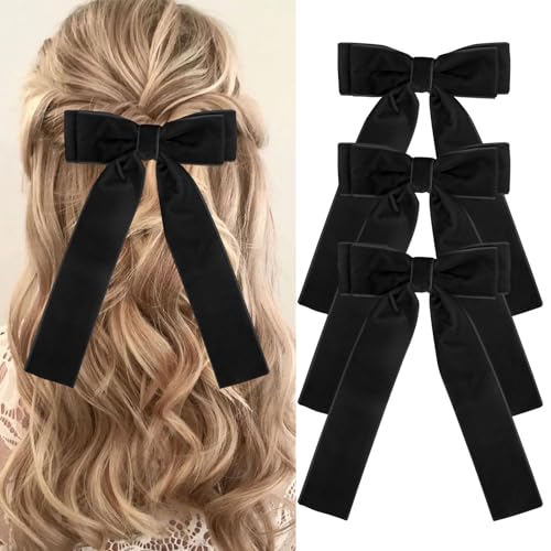 Vodolo Velvet Hair Bows for Women Girls,3 PCS Black Velvet Ribbon Bow Hair Clips With Long Tail,Hair Bows Barrettes for Thick Thin Hair,Nonslip Hair Accessories Christmas Birthday Gifts