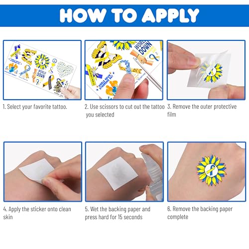 103 PCS Funny Down Syndrome Awareness Temporary Tattoos Stickers Theme Party Decorations Supplies Favors Decor Care Blue Yellow Ribbon Tattoo Sticker Gifts For Boys Girls Class Prizes Carnival