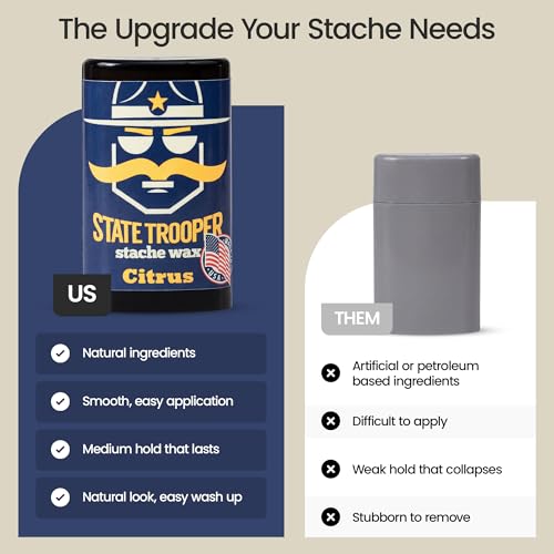 State Trooper Mustache Wax for Men ? Medium Hold with Beeswax, Coconut Oil & Lanolin ? Natural Moustache Grooming & Styling Wax with Citrus Scent - Nourishing Conditioner & Sculpting in a Tube/Stick