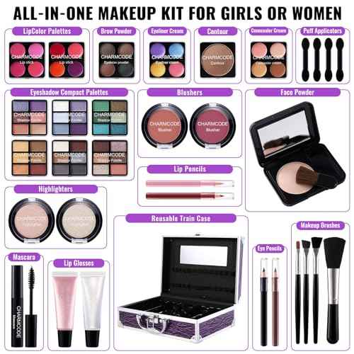 Makeup Kit for Teen Girls & Women Full Kit, Beauty Train Case with Starter Cosmetic Set, Make Up Christmas Gift Box with Eyeshadow,Lipgloss,Highlighter,Blush,Lip&Eye Pencils,Brush & More(Purple)
