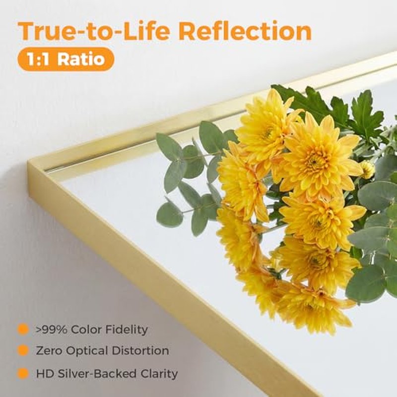 30" x 36" Gold Rectangle Bathroom Mirror with Tempered Glass