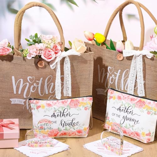 Hushee 2 Set Mother of Bride and Groom Gifts Set Includes Handbag Canvas Makeup Bag Acrylic Heart Decoration Wedding Handkerchief for Mom Mother in Law Bridal (Flower)