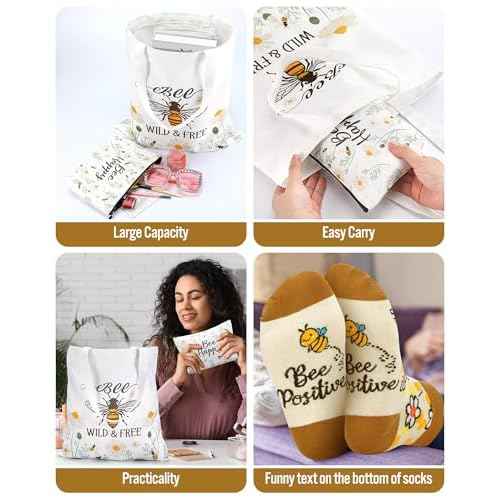 3 Pcs Bee Themed Gifts for Women Funny Honeybee Canvas Tote Bag with Zipper Makeup Bag and Socks Bee day Holiday Birthday Gifts for Mother Teachers Employee Beekeepers Lovers