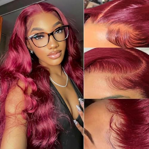 99j Burgundy Lace Front Wigs Human Hair 26 Inch 13x4 Body Wave Burgundy Lace Front Wigs 180 Density HD Transparent Glueless Wigs Human Hair Pre Plucked with Baby Hair