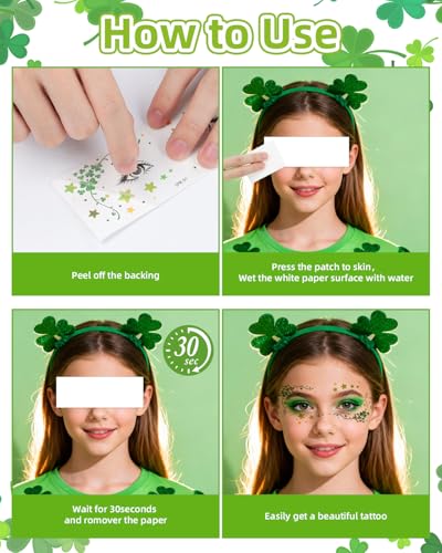 18pc St Patrick's Day Face Tattoos, Green Shamrock Glitter