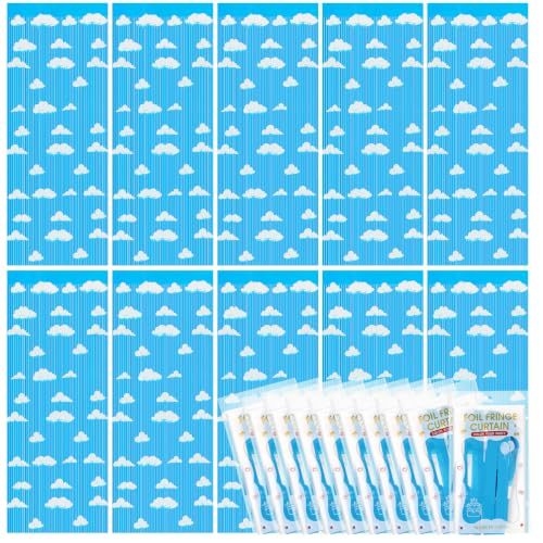 XunYee 3 Pack Cloud Fringe Backdrop Foil Curtains - Blue Sky & White Clouds Theme