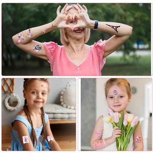 Pink Paris Temporary Tattoos - 200+ Paris Themed Party Decorations Favors Supplies for Girls Women French Theme Birthday Decor Eiffel Towers Bows Romantic Tattoo Stickers Gifts Rewards