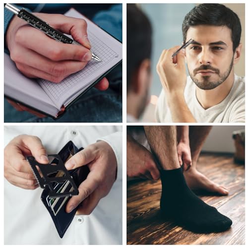 6 Sets Christmas Gifts Baby Shower Game Prizes for Men Include Black Kraft Paper Gift Bags Manicure Kit Tools Socks Pens 11-in-1 Survival Card Tool for Men Husband Father(Black)