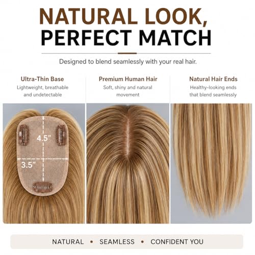 HAIRHOO 12 Inch Ombre Brown Blonde Highlights Hair Topper for Thinning Hair, Real Human Hair, 3.5x4.5 Inch Silk Base, Lightweight Daily Wear