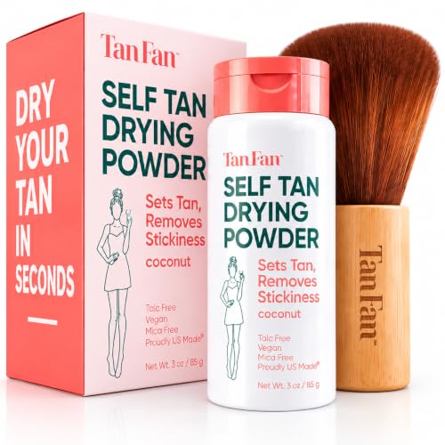 Tan Fan Self Tan Drying Powder Kit with Soft Body Brush - Vegan, Talc-Free, Coconut Scent, USA Made