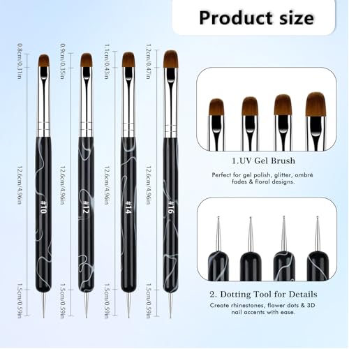 French Manicure Brush Set with Dotting Tools - 4 Sizes for Nail Art