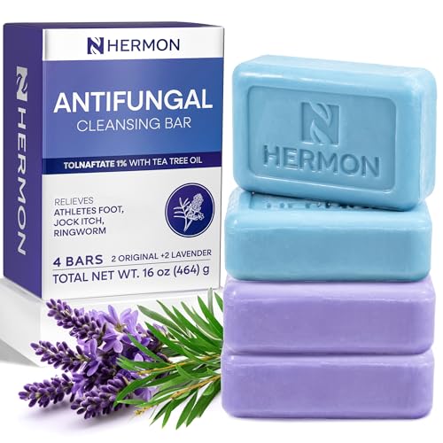 Hermon Antifungal Soap with Tea Tree Oil: Antifungal Treatment Bar Soothing Care & Relief of Itchy for Ringworm, Jock Itch, & Athlete's Foot - Body & Face Wash - Original & Lavender 4Pack