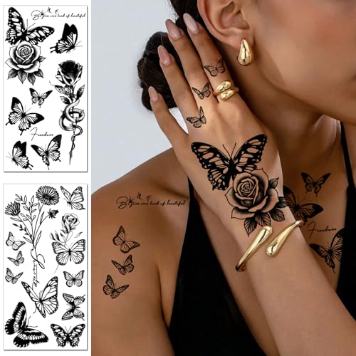 Temporary Tattoo Stickers for Women - 12 Sheets Butterfly Flower Black Waterproof
