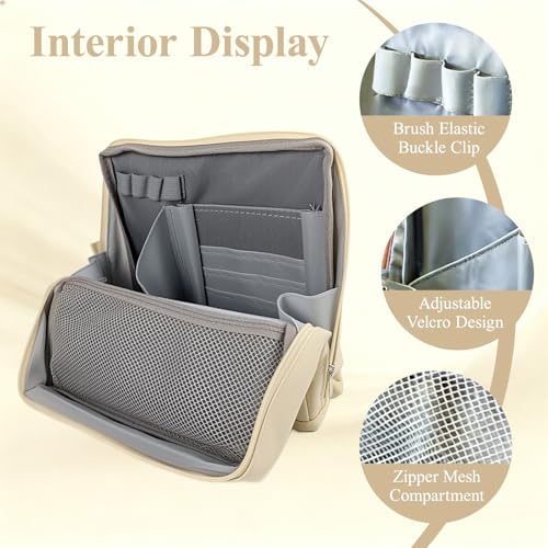 Standing Makeup Bag, Multifunctional Large Capacity Makeup Bag with Compartments,Waterproof Portable and Foldable Travel Makeup Storage Bag for Women (Beige)