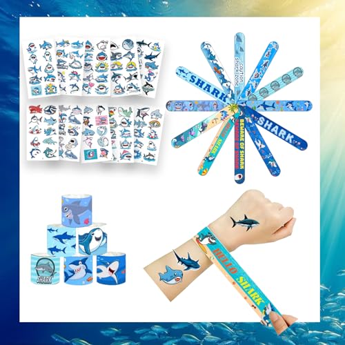 Shark Party Favors Set - 24 Slap Bracelets & 100 Tattoos