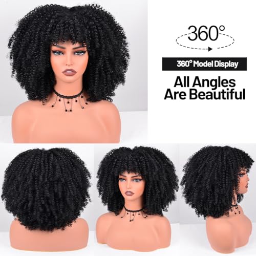 Afro Curly Wig with Bangs 12" Short Kinky Synthetic Glueless