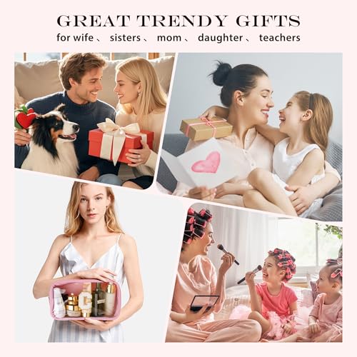 Initial Clear Makeup Bag for Women - Travel Toiletry Bag, Portable Waterproof Cosmetic Bag Travel Essentials Birthday Gifts for Women (Pink Letter R)