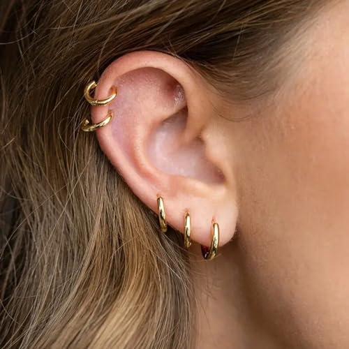 4 Pairs Gold Hoop Earrings Set for Women, 14k Gold Plated Cartilage Hoop Earring Hypoallergenic Non Tarnish Small Hoop Earrings for 2nd 3rd Hole Gold Huggie Hoop Earrings for Women Men Gifts (Gold)