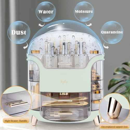 Makeup Organizer and Storage, Large Capacity Cosmetics Organizer with Waterproof and Dustproof, Makeup Organizer for Vanity with Lid and Drawer, Fit Bathroom,Bedroom, Desk,Countertops - Green