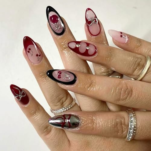 Cherry Bow Press On Nails Almond Glossy Chrome Metallic