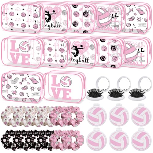 36 Pcs Pink Volleyball Gifts for Girl 12 Pink Volleyball Makeup Bag Bulk Cosmetic Bag Sport Team Gifts with 12 Sport Hair Scrunchies 12 Round Portable Folding Brush Mirror for Team Party