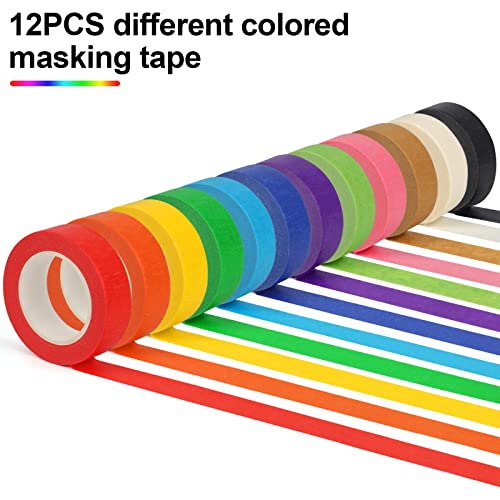 Guirnd 12PCS Colored Masking Tape, Kids Art Supplies Colored Tape, DIY Craft Tape, Colored Tape Rolls, Colored Painters Tape 1.7cm x 12m (2/3In x 13Yards)