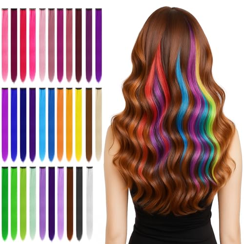 32 PCS Clip in Hair Extensions for Kids, 20 Inch Rainbow