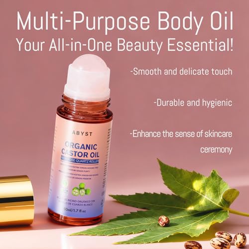 Organic Castor Oil Roll On - Rose Quartz Roller Ball for Face & Body, Skin & Hair Moisturizer, Glass Bottle, Pure & Natural, Cold-Pressed (1)