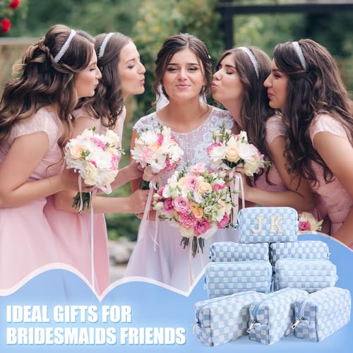 Giesiery 8-Pack Blue Checkered Makeup Bags - Travel Toiletry Pouches