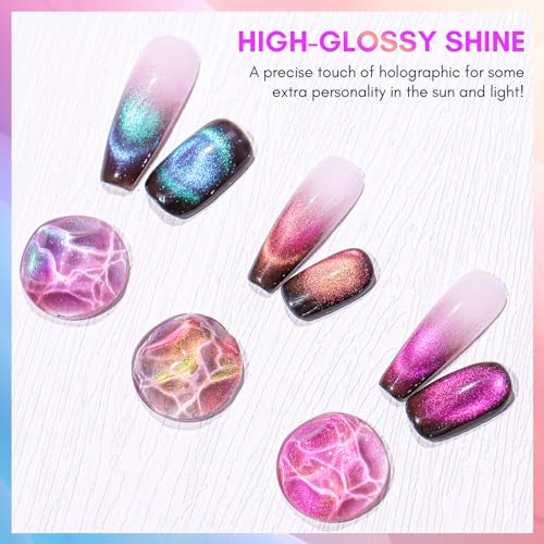 Makartt Holographic Cat Eye Gel Nail Polish with Magnet Stick 9D Glitter Nail Gel Soak Off Double Flashes Effect Dopamine Gel Nail Polish Manicure Home DIY Gift(Violet Garden)