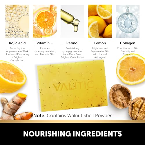 VALITIC Lemon Turmeric Soap for Dark Spots - Kojic Acid Soap for Face and Body - Exfoliating Bar for Brightening, Skin Tone Corrector with Retinol, Vitamin C, Collagen and Hyaluronic Acid - 2 Pack