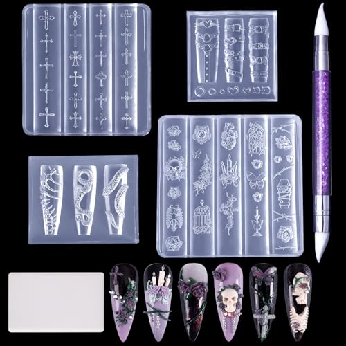 Laza Gothic 3D Skull Rose Nail Art Molds Set with Carving Tools