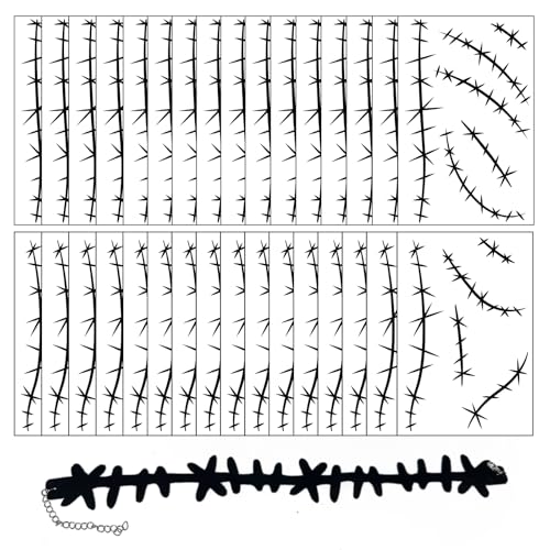 30 Sheets Halloween Stitches Tattoo Stickers Stitches Choker Necklace Fake Scar Temporary Tattoos Sticker for Halloween Cosplay Costume