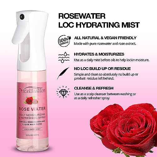 Orientfashion Moisturizing Refreshing Spray for Locs- Rose Water Hair Scalp Moisturizer, Castor Oil- Natural Loc Care and Maintenance (Rose, 10 Fl oz)