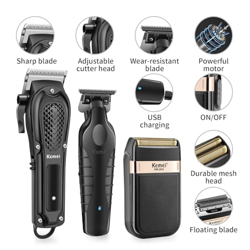 KEMEI Professional Hair Clippers for Men, Cordless Barber Clipper T-Blade Beard Trimmer Foil Shaver Set, Rechargeable Electric Fade Clipper Hair Cutting Kit, KM-1071, KM-2299, KM-2024