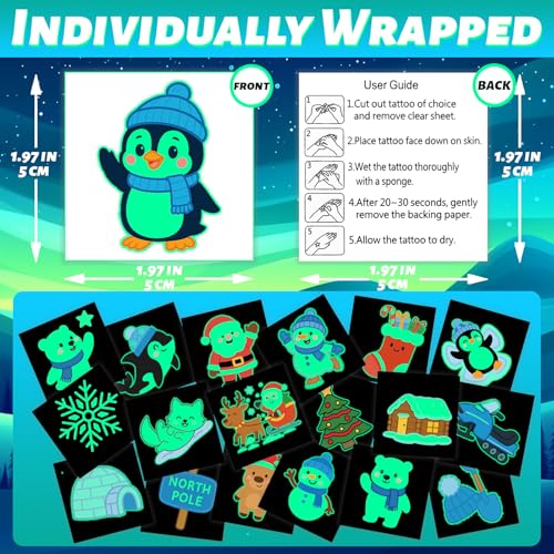 winthrop 120 Pcs Glow in The Dark Polar Animal Tattoos for Kids, 60 Luminous Winter Designs, Non-Toxic Waterproof Christmas Tattoos, Individually Wrapped Stocking Stuffers & Party Favors