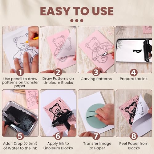 Linocut Kit for Beginners - 12 Linoleum Blocks, 6 Carving Tools & Ink