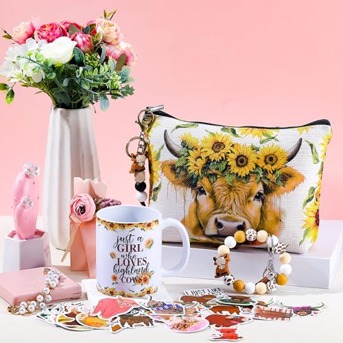 Graduation Highland Cow Gifts Set Include Highland Cow Makeup Bag Stickers Cute Sunflower Butterfly Coffee Mug Keychain for Women Mothers Day Housewarming Party